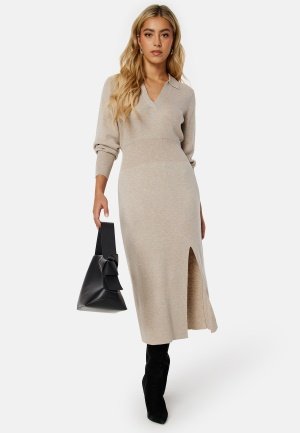 VILA Marla L/S Collar Long Knit Dress 12 NATURAL MELANGE L
