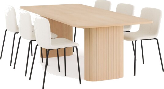 Kopparbo Spisebord 200-260 cm Uttrekkbart med ileggsplate med 6 Katy Spisestoler - Hvit / Hvit Bouclé / Metallben Svart