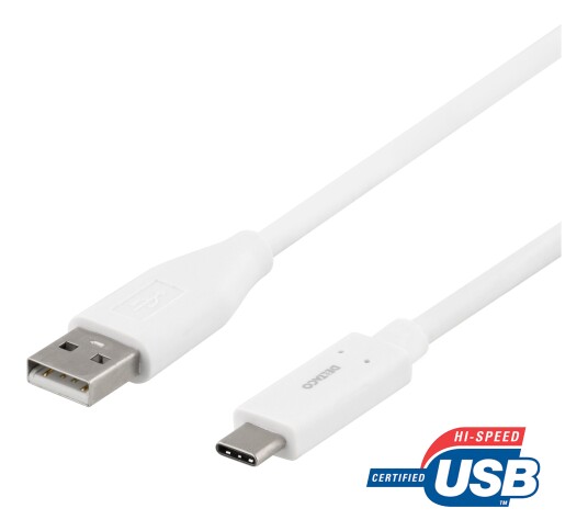 Deltaco USB-A til USB-C kabel 0.5m 3A Hvit