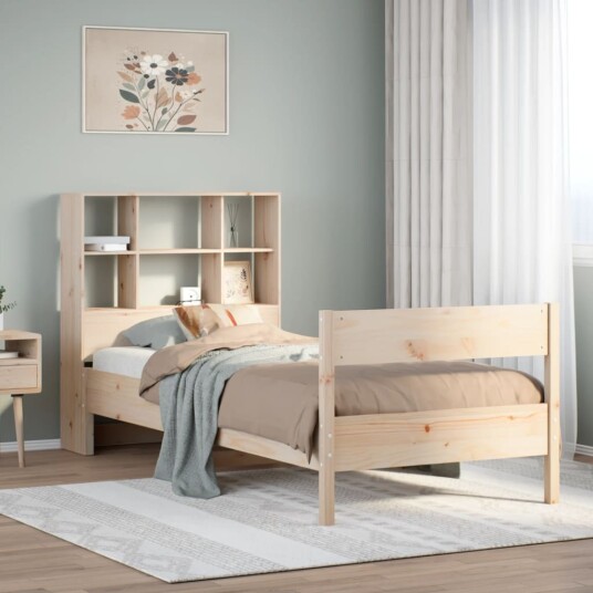 Seng med bokhylle uten madrass 90x200 cm heltre furu