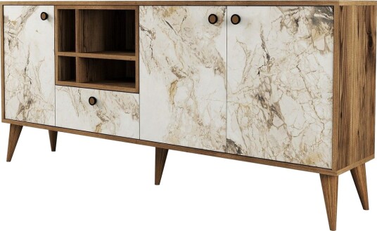 Scone Konsollbord 180 cm - Hvit marmor/Valnøtt