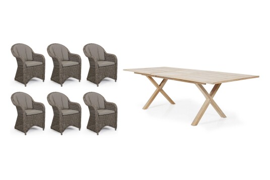 Brafab Paulina & Brutus spisegruppe Rustikk med beige pute 6 lenestoler & bord 200 265x100 cm