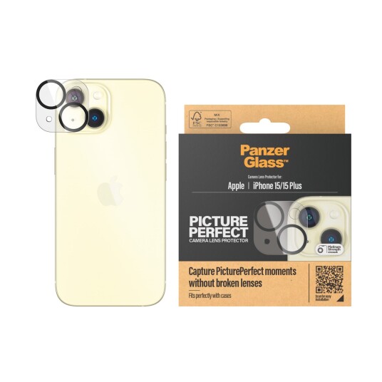 PanzerGlass PicturePerfect Kamerabeskyttelse til iPhone 15 / 15 Plus - Herdet Glass, Svart Ramme