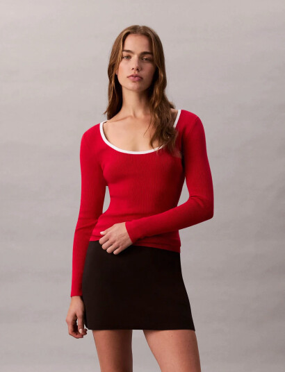 Calvin Klein Jeans Ls Color Blocked Cotton Sweater - Red - L