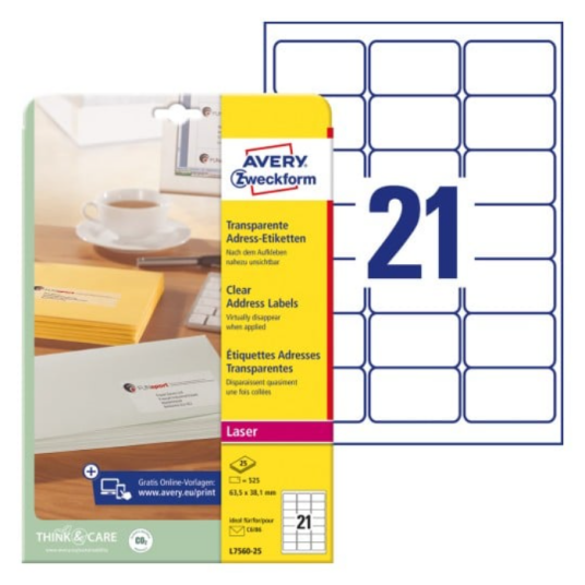 Avery Adresseetiketter, 63,5 x 38,1 mm, 525 Etiketter, Transparent Avery Adresseetiketter, 63,5 x 38,1 mm, 525 Etiketter, Transparent