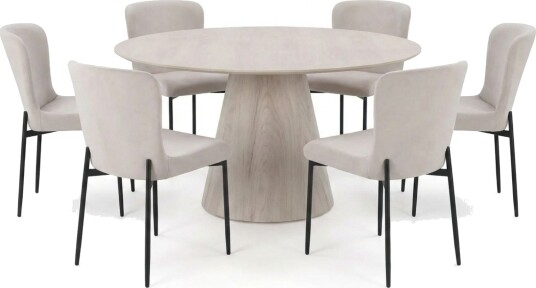 Siena spisegruppe rund 150 cm hvitlasert med 6 Elsie spisestoler Hvitlasert/beige