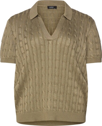 Lauren Women Cable Cotton Blend Short Sleeve Sweater Khaki green XXXL