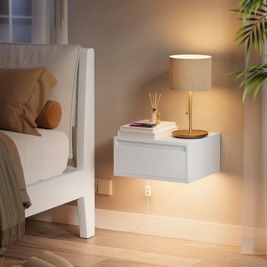 Veggmontert nattbord 35 x 40 x 18 cm med LED belysning og skuff
