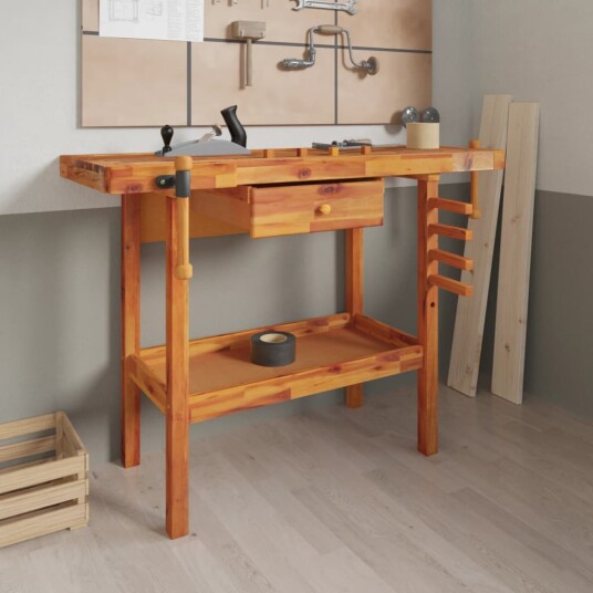 Arbeidsbenk med skuff og skrustikker 124x52x83 cm heltre akasie Arbeidsbenk med skuff og skrustikker 124x52x83 cm heltre akasie