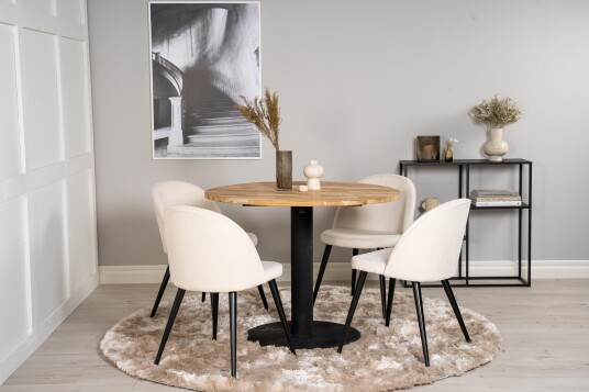 Spisegruppe Laura 100 cm Rund inkl. 4 Chantor Cordfløyelstol Teak/Svart/Beige