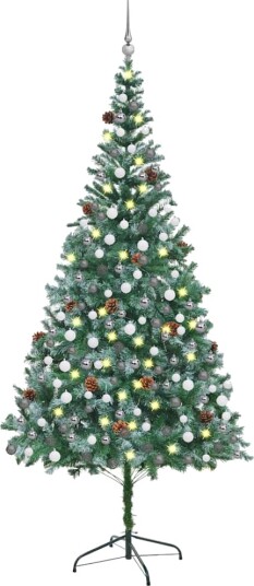 vidaXL Kunstig juletre med LED og kulesett og furukongler 210 cm
