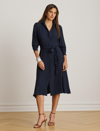Lauren Ralph Lauren Belted Double Faced Georgette Shirtdress   Navy   36