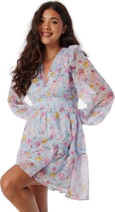 VILA Viroman New V-neck L/S Short Dress Kentucky Blue Aop:flower 38