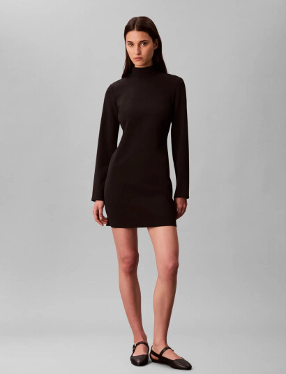 Calvin Klein Crepe Ls Turtleneck Mini Dress - Black - 34