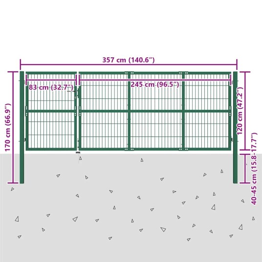 Hageport med stolper 350x120 cm stål grønn