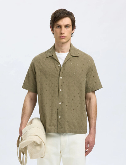 Selected Slhrlxjax Broderie Ss Shirt - Green - S