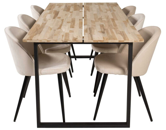 Venture Design Cirebon & Velvet spisegruppe Natur/svart 6 st stoler & bord 200 x 90 cm