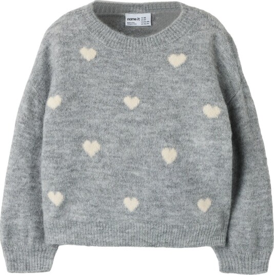 Name It Genser Strikk NmfOguesse Grey Melange/Birch Hearts Name It 6 år (116) Genser Grå