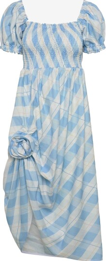 Sleeper Belle Linen Dress With Rose Detail In Blue Plaid   WHITE&BLUE   XS