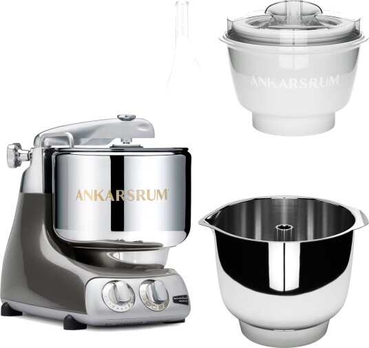 Ankarsrum Assistent Original AKM 6230 kjøkkenmaskin med iskremtilbehør og ekstra vispeskål black chrome
