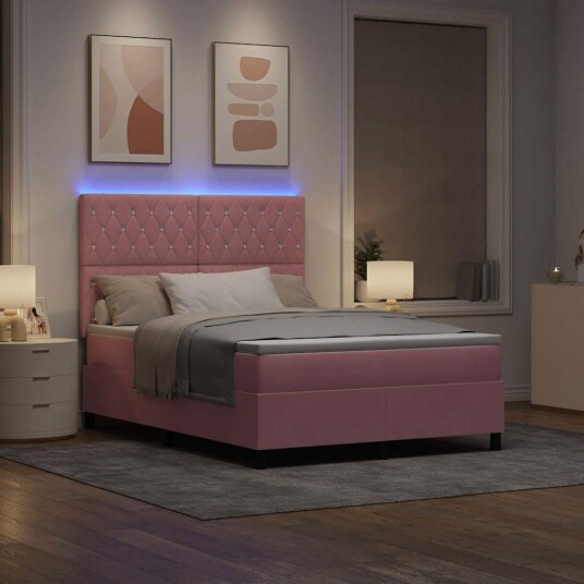  Box Spring Seng med Madrass & LED Rosa 140x190 cm Fløyel