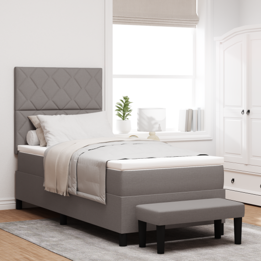Bokspring seng med madrass og benk taupe 90x190 cm stoff