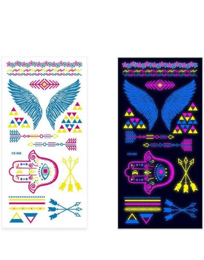 Ark med Fluorescerende Vinger Hamsa Hånd Piler og Andre Tatoveringer UV Fake Tattoo
