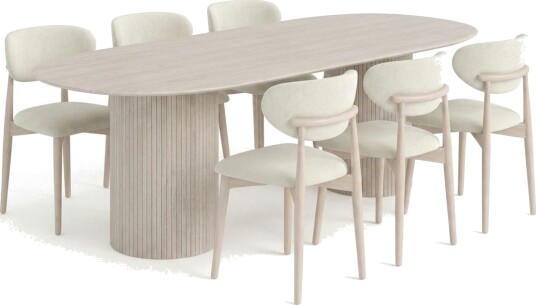 Kopparbo spisegruppe oval 220 cm hvitlasert med 6 Molly spisestoler Hvitlasert
