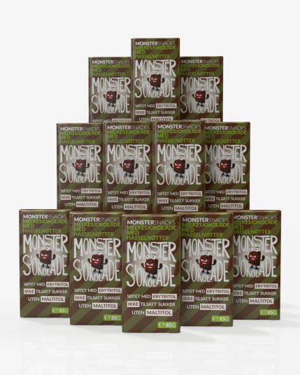 Monster Lavkarbo Belgisk Melkesjokolade m/Hasselnøtt 12x85g UTEN MALTITOL Monster Lavkarbo Belgisk Melkesjokolade m/Hasselnøtt 12x85g UTEN MALTITOL