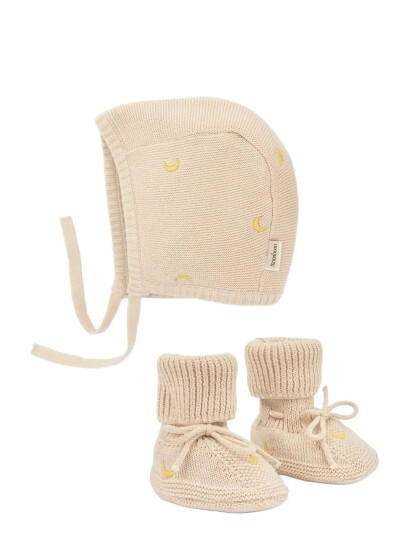 Moonboon Knitted Bonnet And Booties Giftbox   Cream   0 3M56/62CM