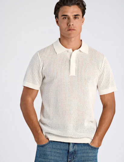 Lindbergh Crochet Knitted S/S V-Neck Polo - Cream - M