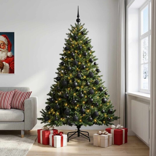 vidaXL Kunstig juletre med julekuler 210 cm 300 LED-lys Varmhvit