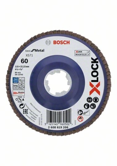 Bosch X-LOCK-lamellslipeskiver, rett modell, plastplate, Ø115 mm, G 60, X571, Best for Metal, 1 stk.