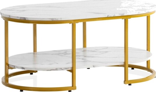 Sofabord Wohnling marmorutseende oval 100 cm med oppbevaringshylle, Bauhaus-stil Marmor Hvit - Marmor Hvit