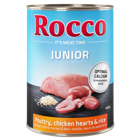 Rocco Økonomipakke Junior 12 X 400 G Kyllinghjerter & Ris Med Kalsium