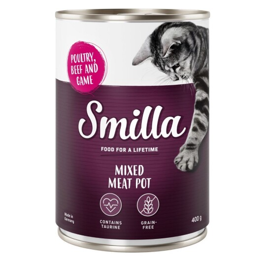 Smilla Økonomipakke:  Mixed Meat Pot 24 x 400 g - Fjærkre, okse og vilt