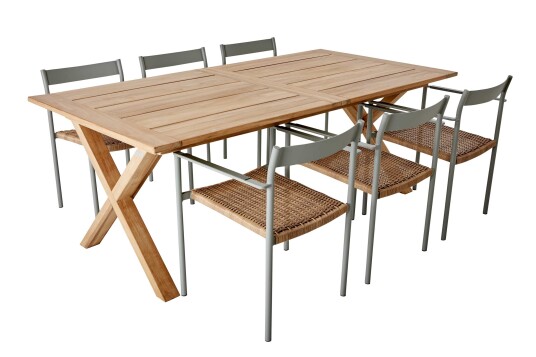 Brafab Brutus & DK spisegruppe Teak/dusty green 6 stoler & bord 200-265 x 100 cm