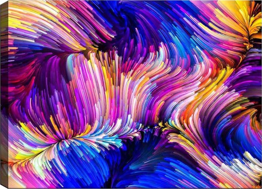 Lerretsbilde 70x100 cm Abstrakt fargerik komposisjon med feiende linjer og former Lilla / Blå / Gul