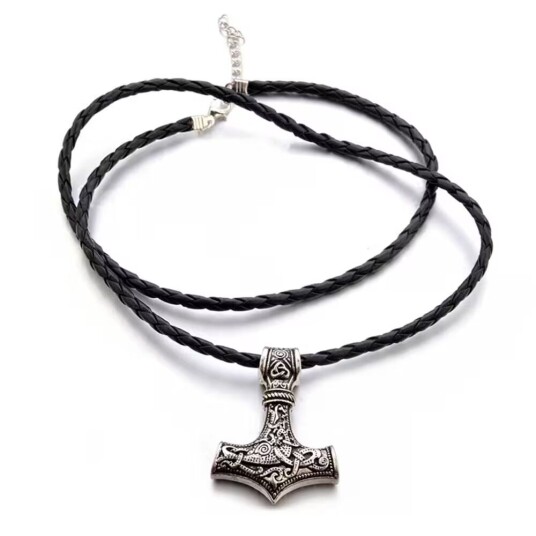 Viking halskjede torder hammer mjolnir kunstig skinn sølv