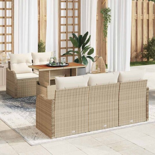 6 Delt Hagesofa Set med Puter Beige Poly Rattan Akasietre