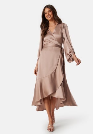 Bubbleroom Occasion Wrap Frill L/S Satin Dress Mole L