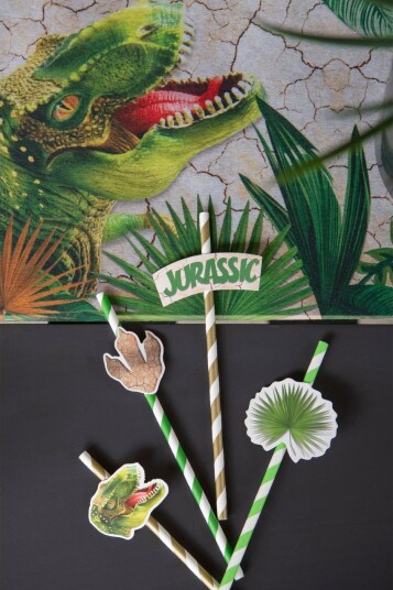 8 stk Stripete Papirsugerør med Pappmotiv Jurassic Dino
