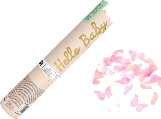 Partydeco Konfettikanon med Rosa Sommerfugler 20cm Gender Reveal Jente