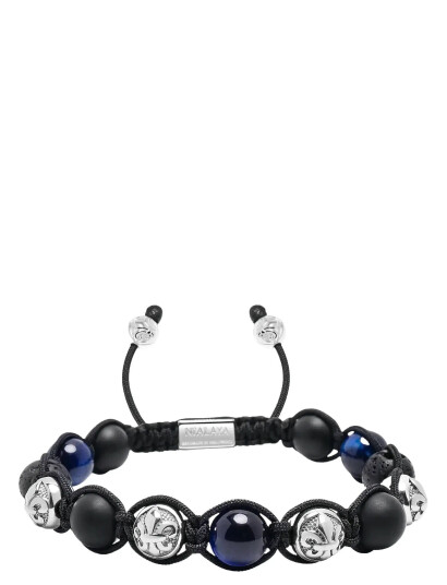 Nialaya Men"s Sterling Silver Beaded Bracelet With Matte Onyx Lava Stone And Blue Tiger Eye   Blue   M