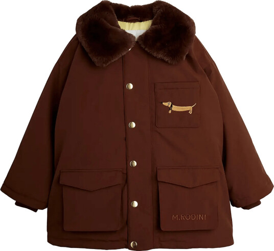 Mini Rodini Padded Nylon Parka With Faux Fur Collar Brown 128/134
