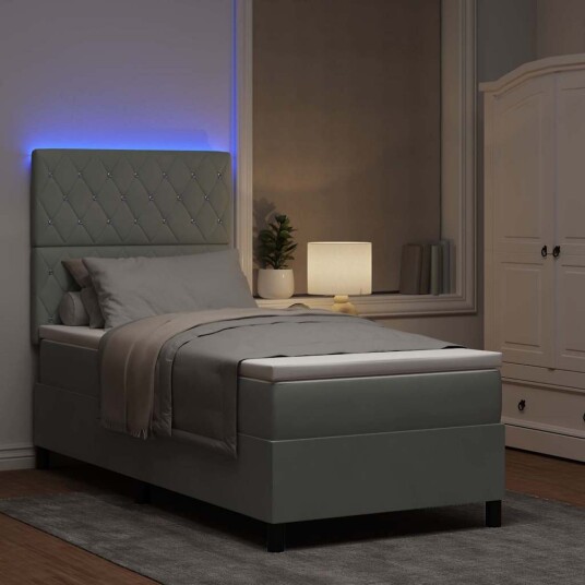 Box Spring Seng med Madrass & LED Lys Lysegrå 100x200 cm Fløyel