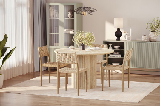 Scandinavian Choice Uppveda Rundt Spisebord 130 cm med travertin look med 4 stk Jamna Spisestoler Beige