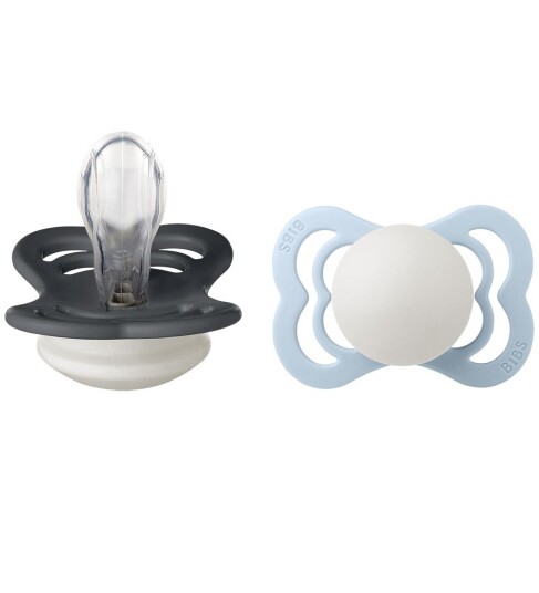 BIBS Supreme+ Lysende smokker Str. 1 Silikon 2 pack Iron BIBS 0 6 md Smokk Blå Grå