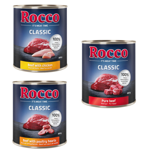 Rocco Classic 6 X 800 G Topseller Mix: Storfe Storfe/Fjærkrehjerter Storfe/Kylling
