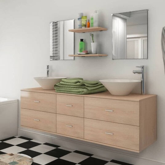 Baderomsmøbelsett i 9 deler med Servant med Kran - Beige